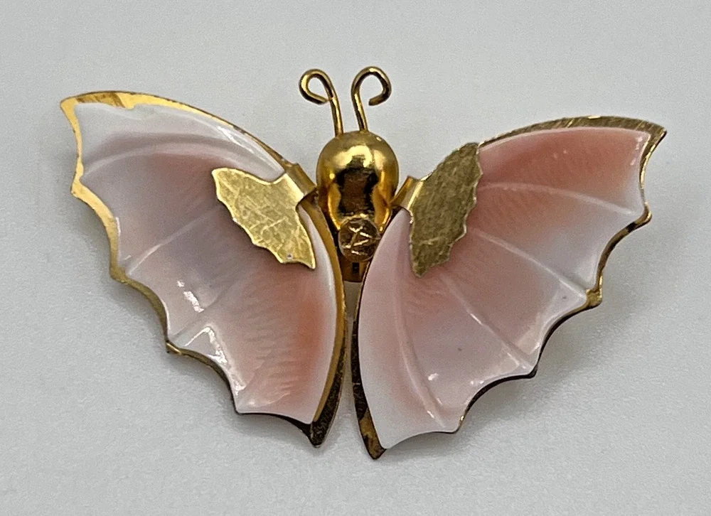 Vintage Gold Tone Pink & White Shell Winged Butterfly Dainty Brooch